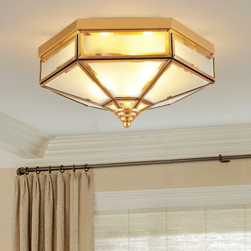 Frosted Glass Brass Ceiling Flush Light Hexagonal Traditional Flush Mount Lighting Clearhalo 'Ceiling Lights' 'Close To Ceiling Lights' 'Close to ceiling' 'Flush mount' Lighting' 2267806