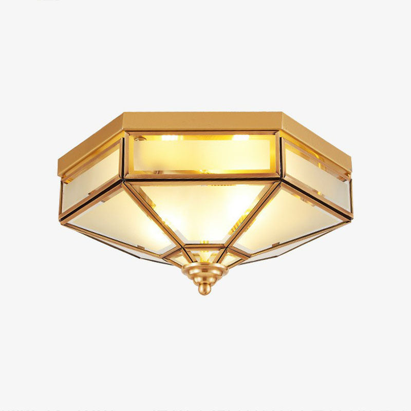 Frosted Glass Brass Ceiling Flush Light Hexagonal Traditional Flush Mount Lighting Brass 13" Clearhalo 'Ceiling Lights' 'Close To Ceiling Lights' 'Close to ceiling' 'Flush mount' Lighting' 2267809