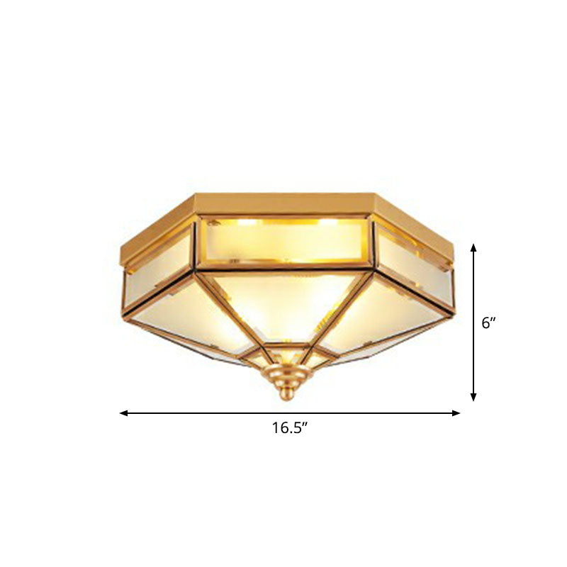 Frosted Glass Brass Ceiling Flush Light Hexagonal Traditional Flush Mount Lighting Clearhalo 'Ceiling Lights' 'Close To Ceiling Lights' 'Close to ceiling' 'Flush mount' Lighting' 2267813