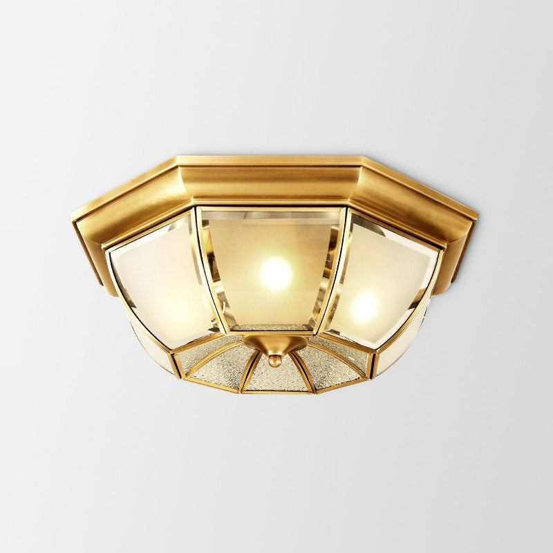 Brass Finish Ceiling Mounted Lamp Colonial Style Frost Glass Recessed Shade Flush Light 3 Brass Clearhalo 'Ceiling Lights' 'Close To Ceiling Lights' 'Close to ceiling' 'Flush mount' Lighting' 2267819