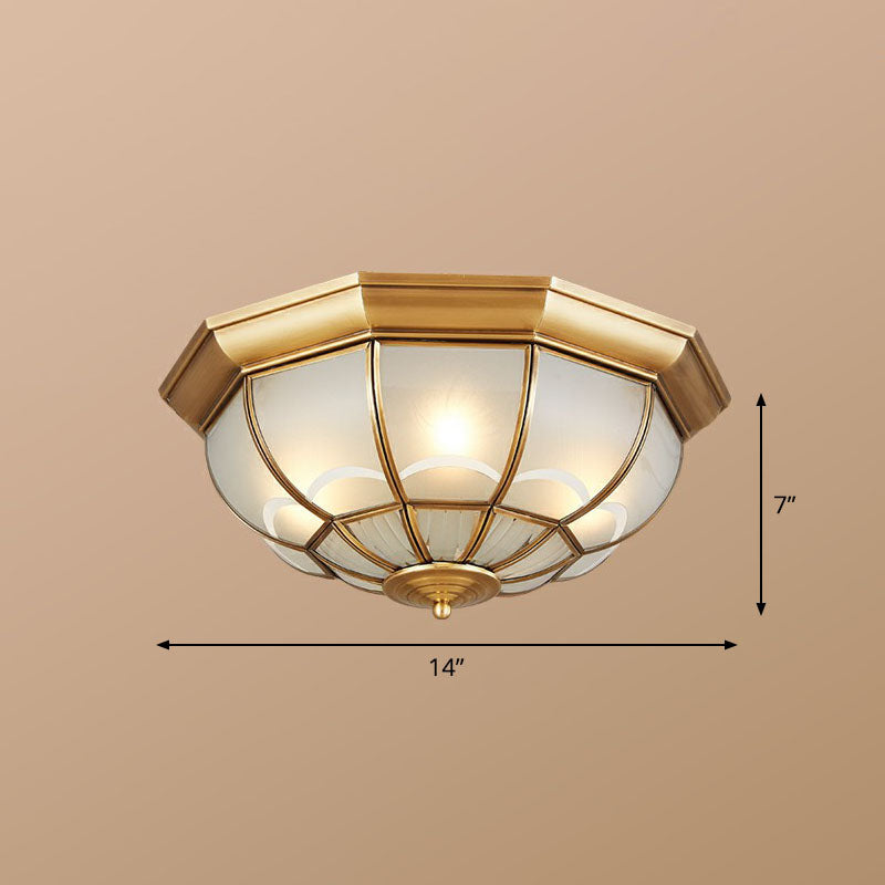 Frost Glass Dome Flush Mounted Lamp Classic Bedroom Flush Mount Ceiling Lighting Fixture in Brass Brass 14" Clearhalo 'Ceiling Lights' 'Close To Ceiling Lights' 'Close to ceiling' 'Flush mount' Lighting' 2267831