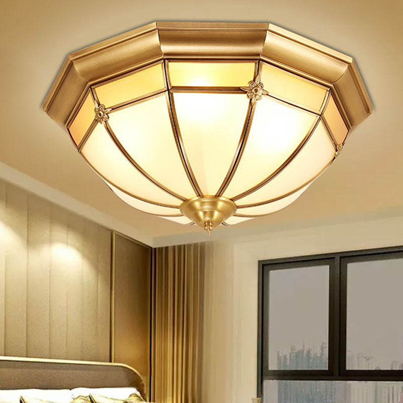 Colonial Dome Shaped Flush Mount Lighting Opal Frosted Glass Ceiling Fixture in Brass Clearhalo 'Ceiling Lights' 'Close To Ceiling Lights' 'Close to ceiling' 'Flush mount' Lighting' 2267844