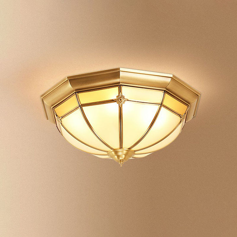 Colonial Dome Shaped Flush Mount Lighting Opal Frosted Glass Ceiling Fixture in Brass 4 Brass Clearhalo 'Ceiling Lights' 'Close To Ceiling Lights' 'Close to ceiling' 'Flush mount' Lighting' 2267845