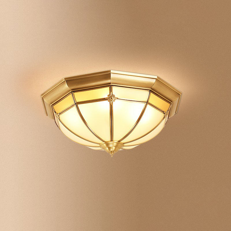 Colonial Dome Shaped Flush Mount Lighting Opal Frosted Glass Ceiling Fixture in Brass 3 Brass Clearhalo 'Ceiling Lights' 'Close To Ceiling Lights' 'Close to ceiling' 'Flush mount' Lighting' 2267846