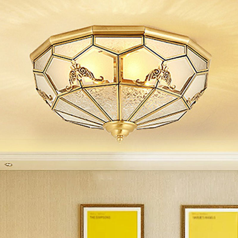 Brass Flush Ceiling Light Fixture Traditional Frosted Glass Panes Basket Shaped Flush Mount for Bedroom Clearhalo 'Ceiling Lights' 'Close To Ceiling Lights' 'Close to ceiling' 'Flush mount' Lighting' 2267870