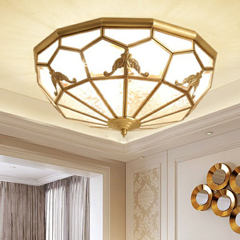 Brass Flush Ceiling Light Fixture Traditional Frosted Glass Panes Basket Shaped Flush Mount for Bedroom 4 Brass Clearhalo 'Ceiling Lights' 'Close To Ceiling Lights' 'Close to ceiling' 'Flush mount' Lighting' 2267871