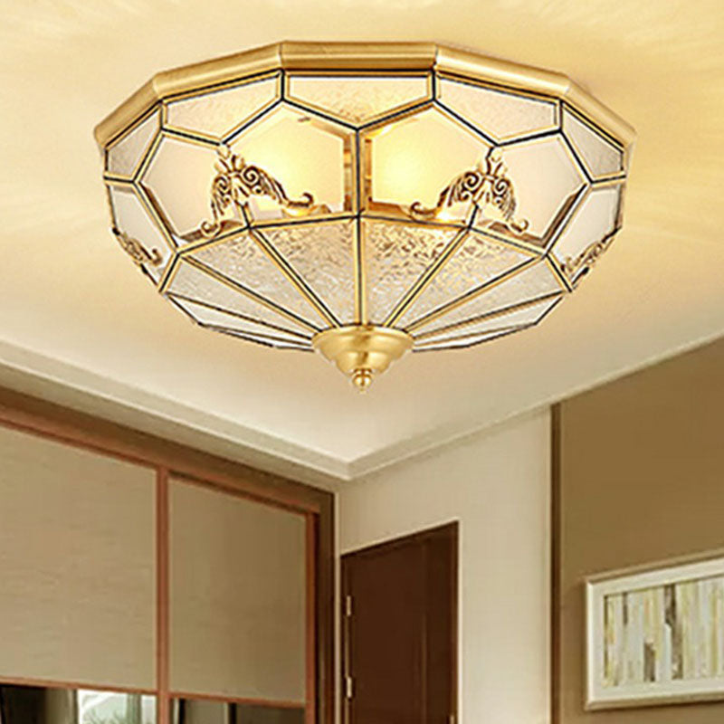 Brass Flush Ceiling Light Fixture Traditional Frosted Glass Panes Basket Shaped Flush Mount for Bedroom Clearhalo 'Ceiling Lights' 'Close To Ceiling Lights' 'Close to ceiling' 'Flush mount' Lighting' 2267873