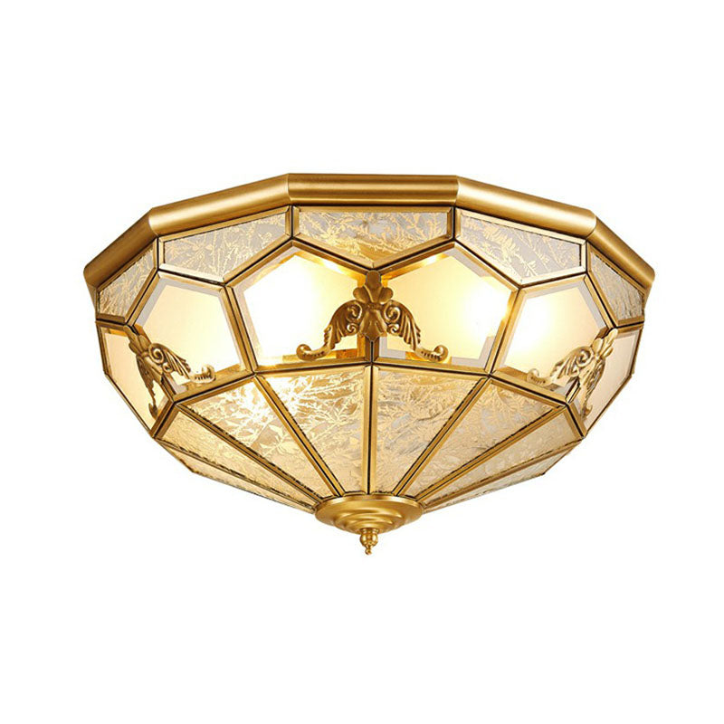 Brass Flush Ceiling Light Fixture Traditional Frosted Glass Panes Basket Shaped Flush Mount for Bedroom Clearhalo 'Ceiling Lights' 'Close To Ceiling Lights' 'Close to ceiling' 'Flush mount' Lighting' 2267875