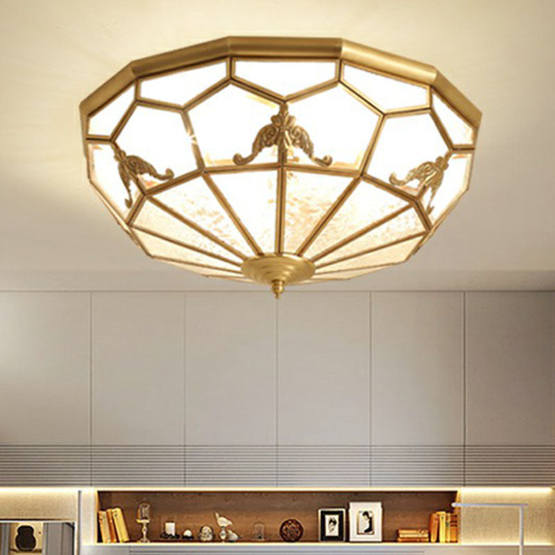 Brass Flush Ceiling Light Fixture Traditional Frosted Glass Panes Basket Shaped Flush Mount for Bedroom 3 Brass Clearhalo 'Ceiling Lights' 'Close To Ceiling Lights' 'Close to ceiling' 'Flush mount' Lighting' 2267876