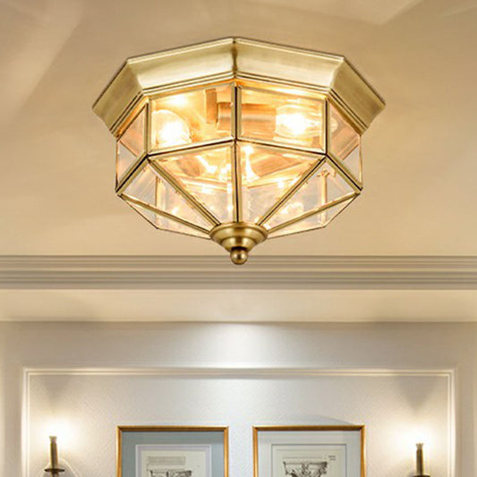 Octagonal Foyer Flush Ceiling Light Antique Glass 3-Bulb Brass Finish Flushmount Lighting Clearhalo 'Ceiling Lights' 'Close To Ceiling Lights' 'Close to ceiling' 'Flush mount' Lighting' 2267889