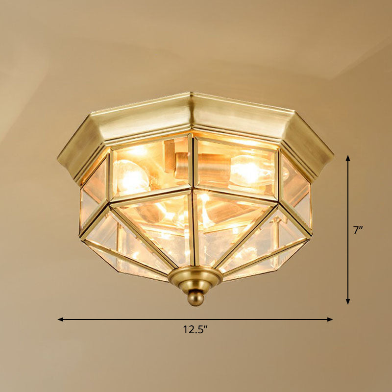 Octagonal Foyer Flush Ceiling Light Antique Glass 3-Bulb Brass Finish Flushmount Lighting Clear Clearhalo 'Ceiling Lights' 'Close To Ceiling Lights' 'Close to ceiling' 'Flush mount' Lighting' 2267891