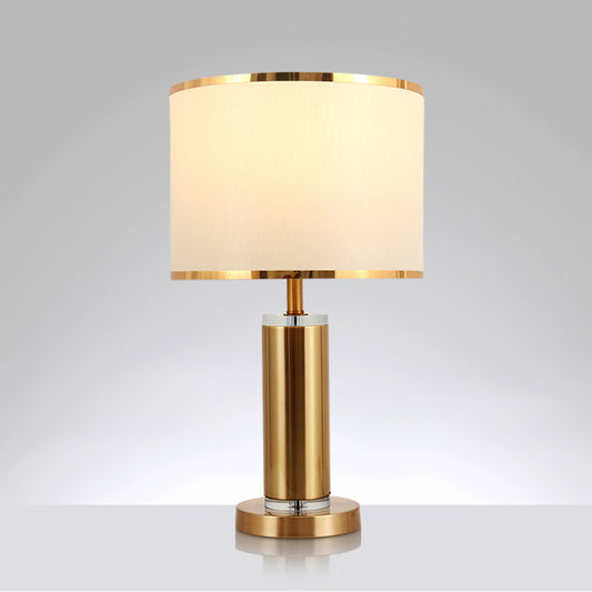 Cylinder Bedroom Table Lighting Minimalist Fabric 1-Light Brass Nightstand Lamp with Drum Fabric Shade Brass Clearhalo 'Lamps' 'Table Lamps' Lighting' 2268038