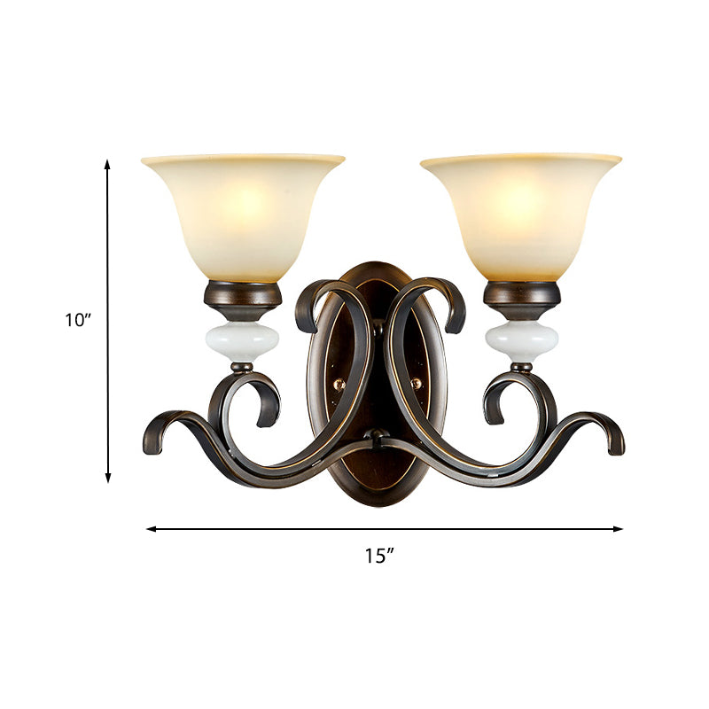 1/2-Light Bell Wall Light Antique Style Black Frosted Glass Wall Sconce with Curvy Arm for Bedroom Clearhalo 'Wall Lamps & Sconces' 'Wall Lights' Lighting' 226804