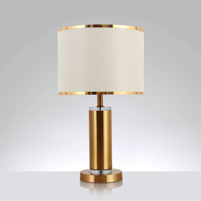 Cylinder Bedroom Table Lighting Minimalist Fabric 1-Light Brass Nightstand Lamp with Drum Fabric Shade Clearhalo 'Lamps' 'Table Lamps' Lighting' 2268041
