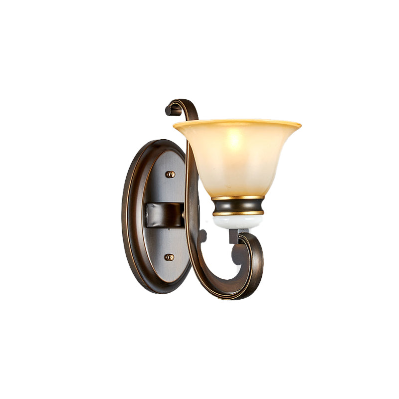 1/2-Light Bell Wall Light Antique Style Black Frosted Glass Wall Sconce with Curvy Arm for Bedroom Clearhalo 'Wall Lamps & Sconces' 'Wall Lights' Lighting' 226809