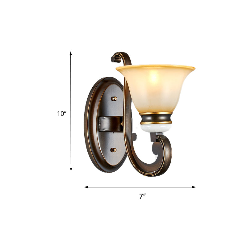 1/2-Light Bell Wall Light Antique Style Black Frosted Glass Wall Sconce with Curvy Arm for Bedroom Clearhalo 'Wall Lamps & Sconces' 'Wall Lights' Lighting' 226810