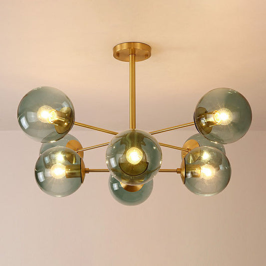 Contemporary Radial Chandelier Ball Glass Living Room Ceiling Pendant Light in Antiqued Brass 8 Blue Clearhalo 'Ceiling Lights' 'Chandeliers' 'Modern Chandeliers' 'Modern' Lighting' 2268144