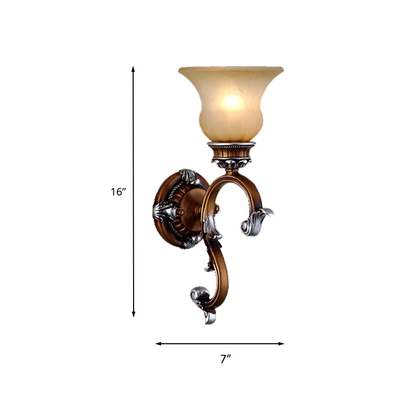 Traditional Flared Wall Sconce 1-Head Frosted Glass Sconce Light with Arched Arm in Brass for Living Room Clearhalo 'Wall Lamps & Sconces' 'Wall Lights' Lighting' 226819