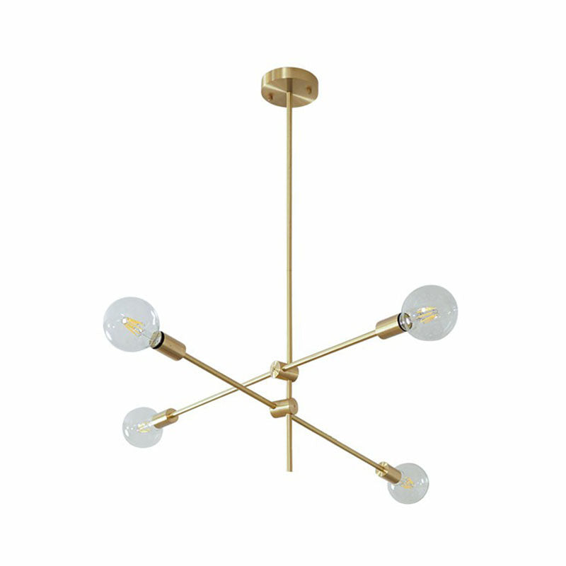 Simplicity Rotating Arm Chandelier Metallic Living Room Ceiling Hang Lamp with Open Bulb Design 4 Gold Clearhalo 'Ceiling Lights' 'Chandeliers' 'Modern Chandeliers' 'Modern' Lighting' 2268266
