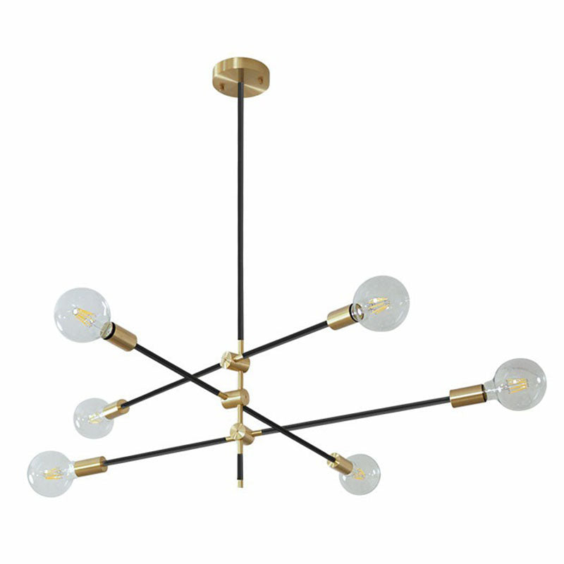 Simplicity Rotating Arm Chandelier Metallic Living Room Ceiling Hang Lamp with Open Bulb Design 6 Black Clearhalo 'Ceiling Lights' 'Chandeliers' 'Modern Chandeliers' 'Modern' Lighting' 2268269
