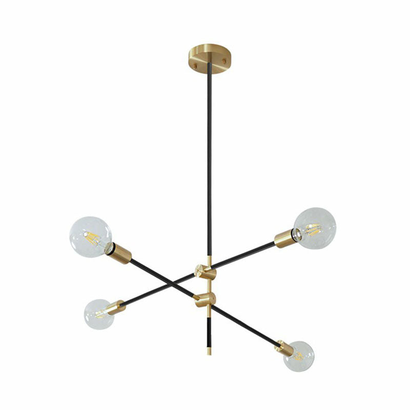 Simplicity Rotating Arm Chandelier Metallic Living Room Ceiling Hang Lamp with Open Bulb Design 4 Black Clearhalo 'Ceiling Lights' 'Chandeliers' 'Modern Chandeliers' 'Modern' Lighting' 2268271