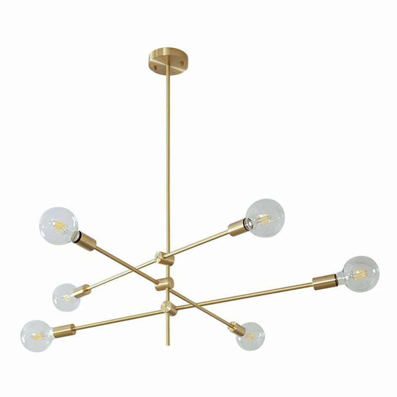 Simplicity Rotating Arm Chandelier Metallic Living Room Ceiling Hang Lamp with Open Bulb Design 6 Gold Clearhalo 'Ceiling Lights' 'Chandeliers' 'Modern Chandeliers' 'Modern' Lighting' 2268274
