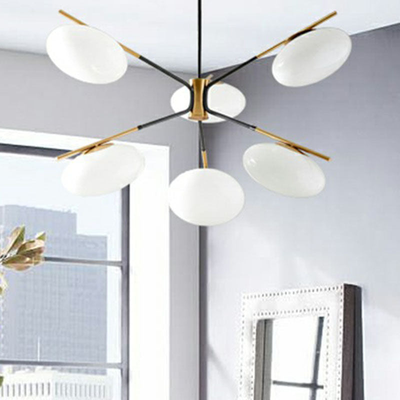 Minimalistic Chandelier Lamp Black-Brass Oval Ceiling Hang Light with Cream Glass Shade Clearhalo 'Ceiling Lights' 'Chandeliers' 'Modern Chandeliers' 'Modern' Lighting' 2268304