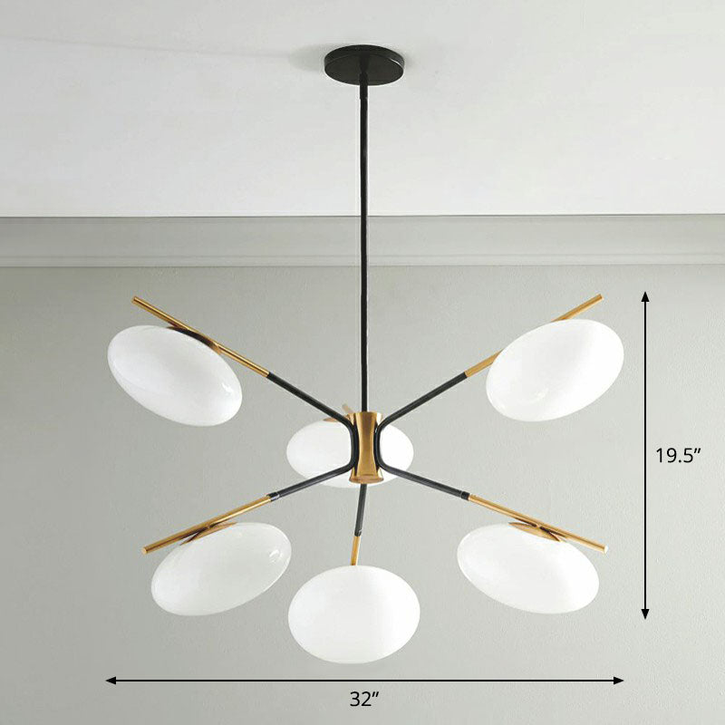 Minimalistic Chandelier Lamp Black-Brass Oval Ceiling Hang Light with Cream Glass Shade 6 Black Clearhalo 'Ceiling Lights' 'Chandeliers' 'Modern Chandeliers' 'Modern' Lighting' 2268305