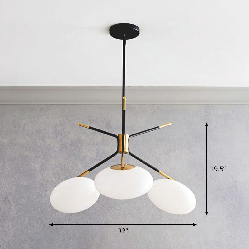 Minimalistic Chandelier Lamp Black-Brass Oval Ceiling Hang Light with Cream Glass Shade 3 Black Clearhalo 'Ceiling Lights' 'Chandeliers' 'Modern Chandeliers' 'Modern' Lighting' 2268306