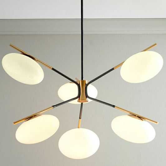 Minimalistic Chandelier Lamp Black-Brass Oval Ceiling Hang Light with Cream Glass Shade Clearhalo 'Ceiling Lights' 'Chandeliers' 'Modern Chandeliers' 'Modern' Lighting' 2268309