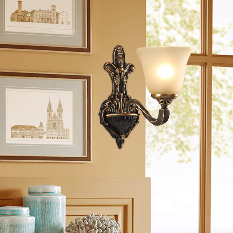 1/2-Light Wall Light Fixture Vintage Porch Wall Sconce with Flared Frosted Glass in Bronze 1.0 Black Clearhalo 'Wall Lamps & Sconces' 'Wall Lights' Lighting' 226831