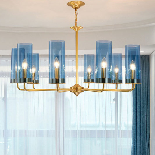 Postmodern Tubular Up Chandelier Glass Living Room Hanging Pendant Light in Brass 10 Blue Clearhalo 'Ceiling Lights' 'Chandeliers' 'Modern Chandeliers' 'Modern' Lighting' 2268312