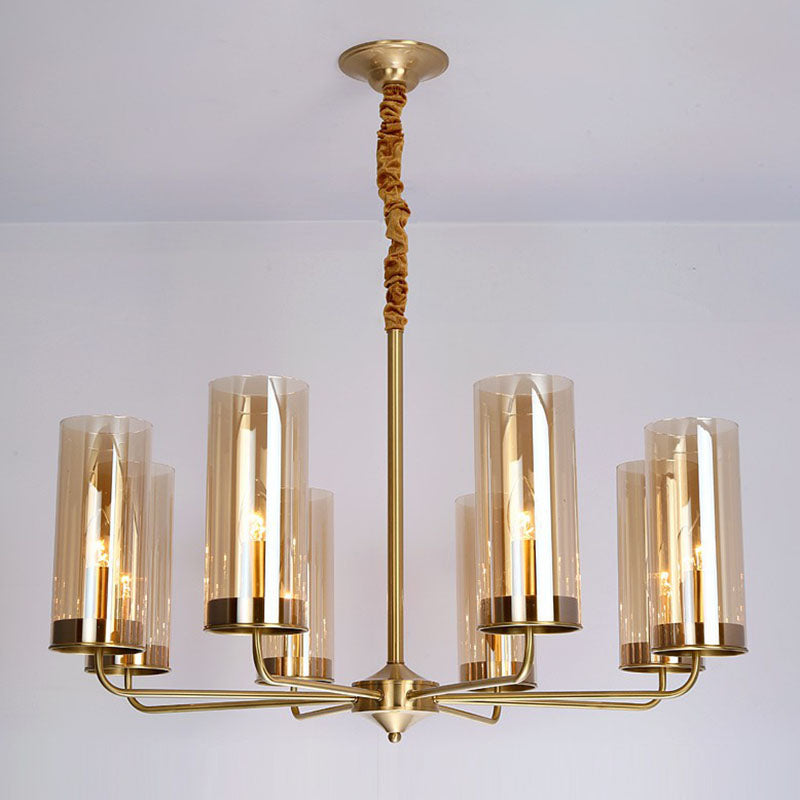 Postmodern Tubular Up Chandelier Glass Living Room Hanging Pendant Light in Brass 8 Amber Clearhalo 'Ceiling Lights' 'Chandeliers' 'Modern Chandeliers' 'Modern' Lighting' 2268313