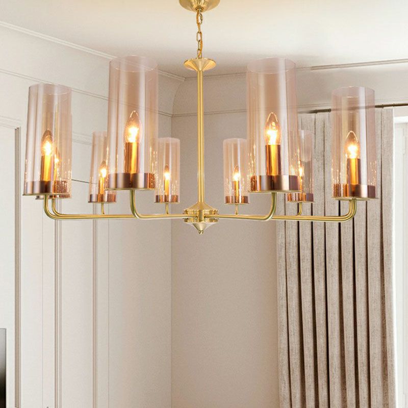 Postmodern Tubular Up Chandelier Glass Living Room Hanging Pendant Light in Brass 10 Amber Clearhalo 'Ceiling Lights' 'Chandeliers' 'Modern Chandeliers' 'Modern' Lighting' 2268315