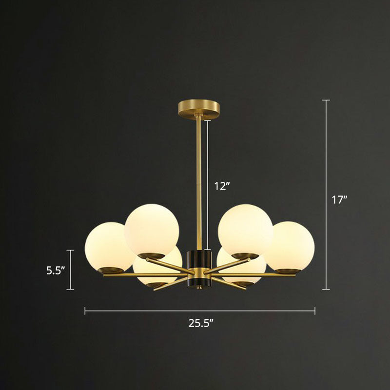 Milk Glass Globe Up Chandelier Postmodernism Gold Finish Hanging Light with Radial Design 6 Gold Clearhalo 'Ceiling Lights' 'Chandeliers' 'Modern Chandeliers' 'Modern' Lighting' 2268320
