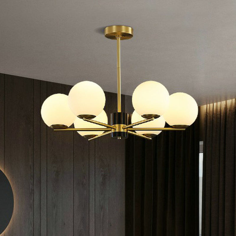 Milk Glass Globe Up Chandelier Postmodernism Gold Finish Hanging Light with Radial Design Clearhalo 'Ceiling Lights' 'Chandeliers' 'Modern Chandeliers' 'Modern' Lighting' 2268323