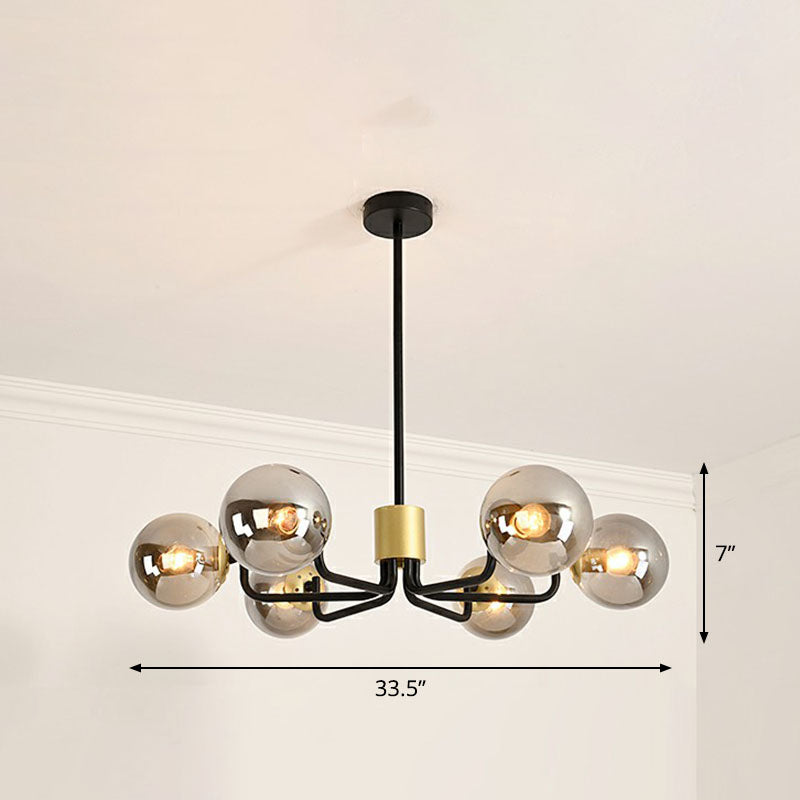 Radial Suspension Light Postmodern Metal Living Room Chandelier Lighting with Ball Glass Shade 6 Black Smoke Grey Clearhalo 'Ceiling Lights' 'Chandeliers' 'Modern Chandeliers' 'Modern' Lighting' 2268326