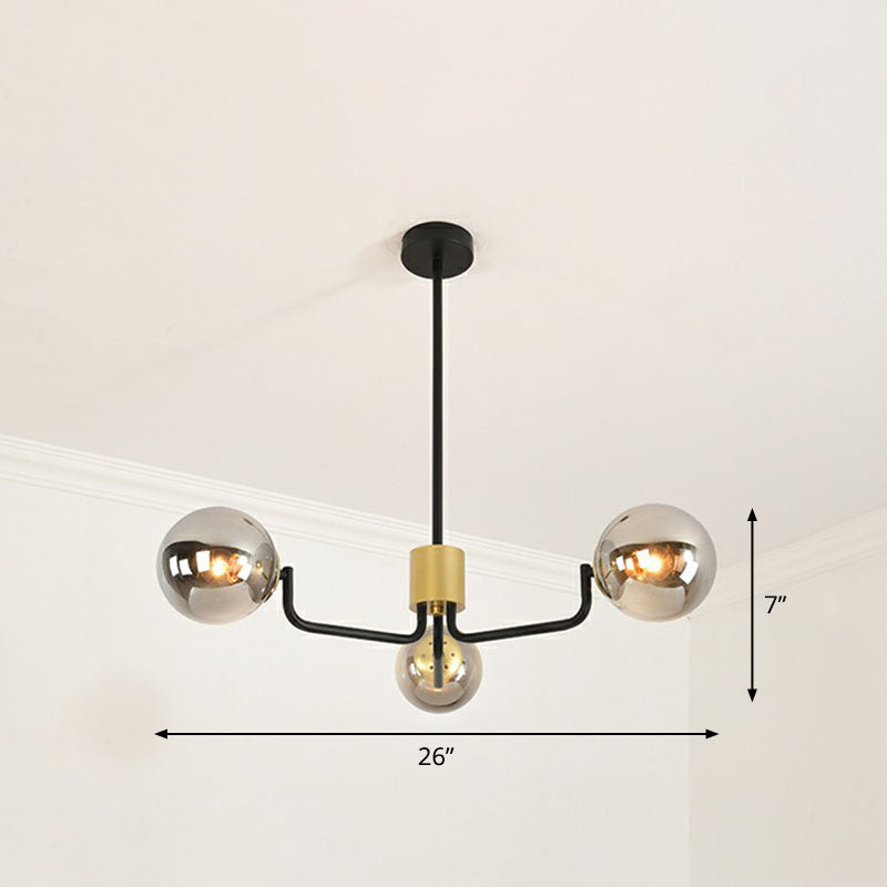 Radial Suspension Light Postmodern Metal Living Room Chandelier Lighting with Ball Glass Shade 3 Black Smoke Grey Clearhalo 'Ceiling Lights' 'Chandeliers' 'Modern Chandeliers' 'Modern' Lighting' 2268327