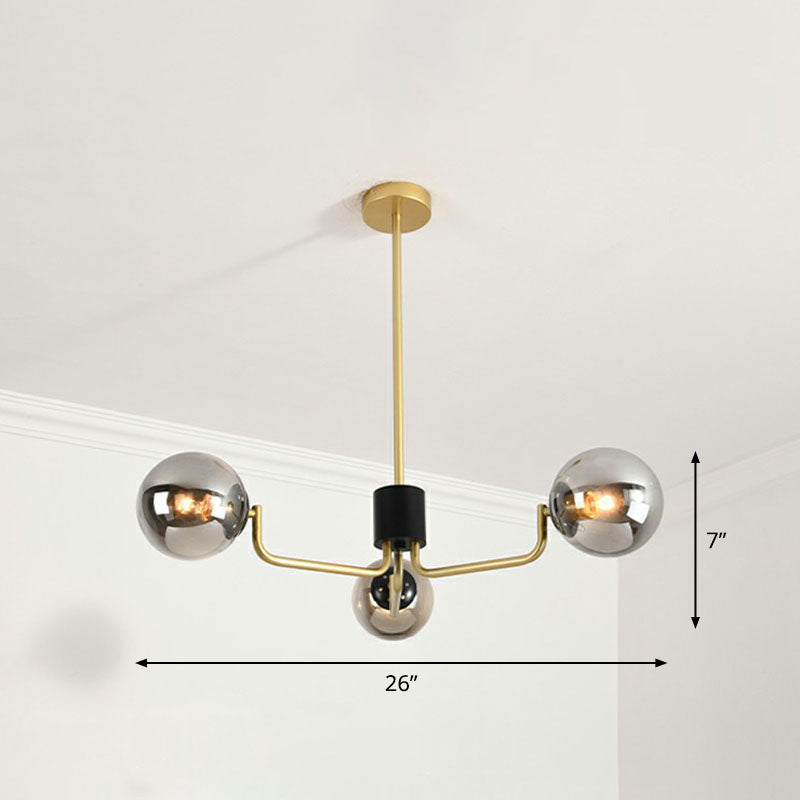 Radial Suspension Light Postmodern Metal Living Room Chandelier Lighting with Ball Glass Shade 3 Gold Smoke Grey Clearhalo 'Ceiling Lights' 'Chandeliers' 'Modern Chandeliers' 'Modern' Lighting' 2268329