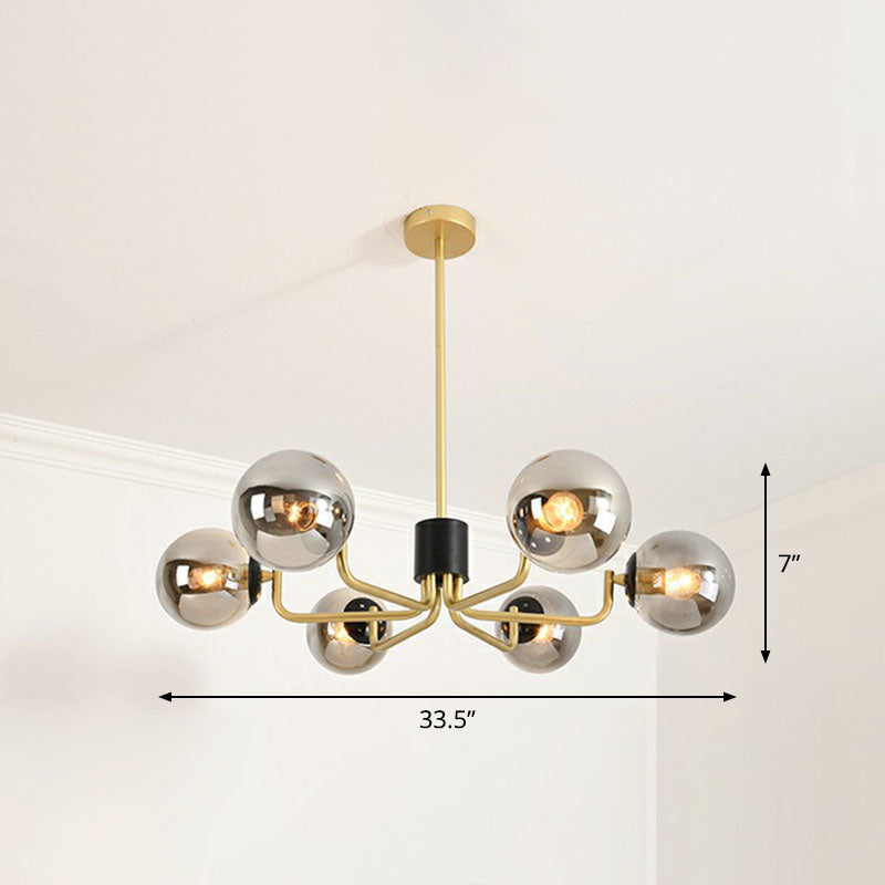 Radial Suspension Light Postmodern Metal Living Room Chandelier Lighting with Ball Glass Shade 6 Gold Smoke Grey Clearhalo 'Ceiling Lights' 'Chandeliers' 'Modern Chandeliers' 'Modern' Lighting' 2268331