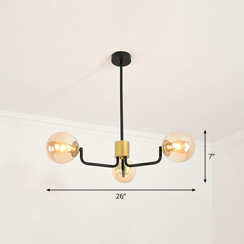 Radial Suspension Light Postmodern Metal Living Room Chandelier Lighting with Ball Glass Shade 3 Black Amber Clearhalo 'Ceiling Lights' 'Chandeliers' 'Modern Chandeliers' 'Modern' Lighting' 2268338