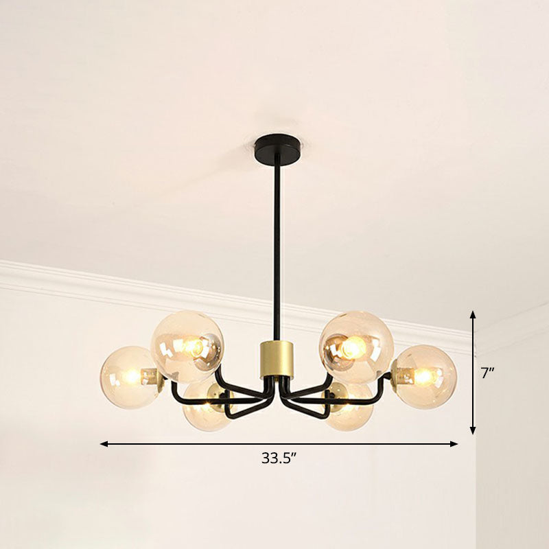 Radial Suspension Light Postmodern Metal Living Room Chandelier Lighting with Ball Glass Shade 6 Black Amber Clearhalo 'Ceiling Lights' 'Chandeliers' 'Modern Chandeliers' 'Modern' Lighting' 2268339