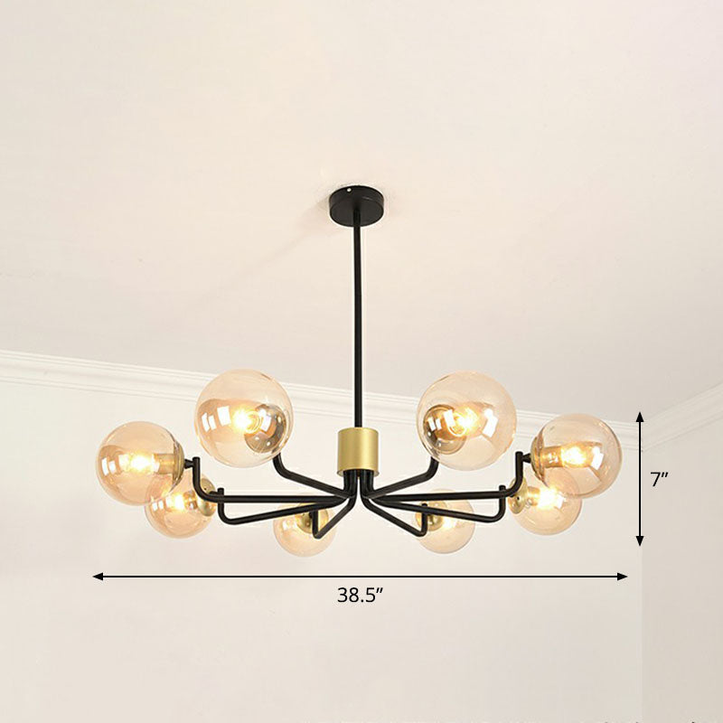 Radial Suspension Light Postmodern Metal Living Room Chandelier Lighting with Ball Glass Shade 8 Black Amber Clearhalo 'Ceiling Lights' 'Chandeliers' 'Modern Chandeliers' 'Modern' Lighting' 2268340