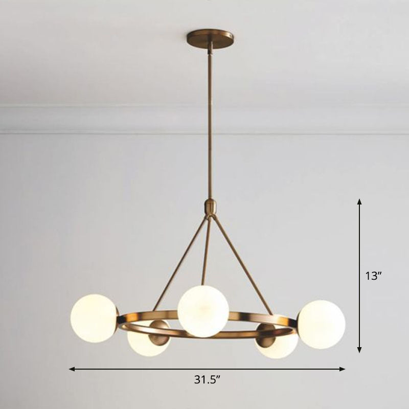 Minimalist Circular Chandelier Pendant Light Milky Ball Glass Living Room Ceiling Hand Lamp 5 Gold Clearhalo 'Ceiling Lights' 'Chandeliers' 'Modern Chandeliers' 'Modern' Lighting' 2268348