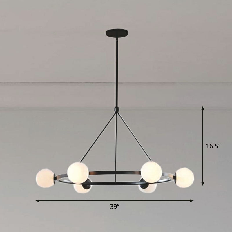 Minimalist Circular Chandelier Pendant Light Milky Ball Glass Living Room Ceiling Hand Lamp 6 Black Clearhalo 'Ceiling Lights' 'Chandeliers' 'Modern Chandeliers' 'Modern' Lighting' 2268350