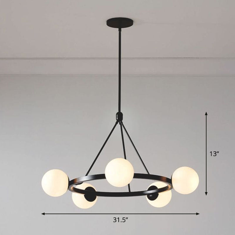 Minimalist Circular Chandelier Pendant Light Milky Ball Glass Living Room Ceiling Hand Lamp 5 Black Clearhalo 'Ceiling Lights' 'Chandeliers' 'Modern Chandeliers' 'Modern' Lighting' 2268352