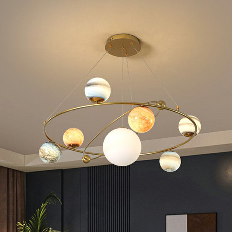Glass Planet Hanging Lamp Postmodern Brass Finish Chandelier Light for Living Room Clearhalo 'Ceiling Lights' 'Chandeliers' 'Modern Chandeliers' 'Modern' Lighting' 2268372