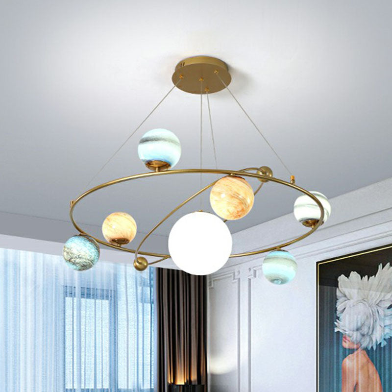 Glass Planet Hanging Lamp Postmodern Brass Finish Chandelier Light for Living Room Clearhalo 'Ceiling Lights' 'Chandeliers' 'Modern Chandeliers' 'Modern' Lighting' 2268375