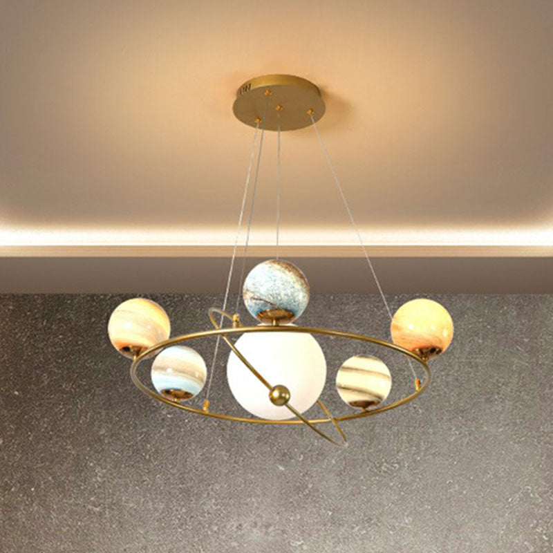Glass Planet Hanging Lamp Postmodern Brass Finish Chandelier Light for Living Room Clearhalo 'Ceiling Lights' 'Chandeliers' 'Modern Chandeliers' 'Modern' Lighting' 2268379