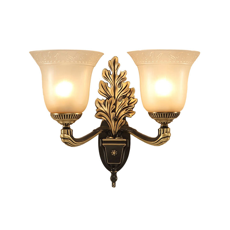 Bell Bedroom Sconce Light Fixture Rustic Frosted Glass 1/2-Light Black-Gold Wall Lamp with Carved Arm Clearhalo 'Wall Lamps & Sconces' 'Wall Lights' Lighting' 226838